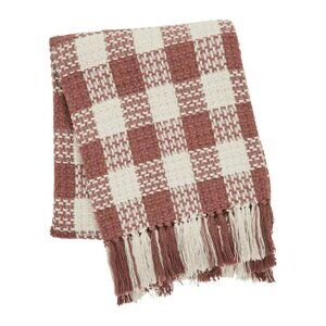 Dusty Rose Woven Check Throw Blanket with Fringe 50x60 NEW
